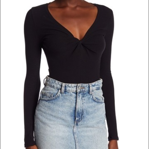 Astr Tops - ASTR Knit Ribbed Twist Front Long Sleeve Bodysuit